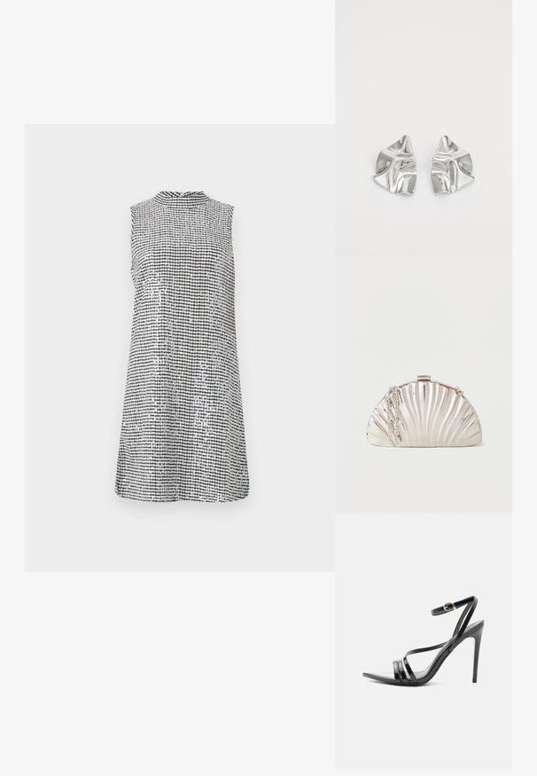Robe sans manches en motif vichy noir et blanc, avec un col haut et une texture lisse, tombant juste au-dessus du genou.; Sandale noire à talon haut avec de fines brides sur les orteils et la cheville, avec une boucle dorée sur un talon aiguille élancé.; Pochette argentée métallique en forme de coquillage, avec une chaîne en argent drapée sur le côté.; Boucles d'oreilles en métal argenté avec un design ondulé et sculptural, présentant une finition polie et des formes irrégulières, mettant en valeur une esthétique contemporaine.