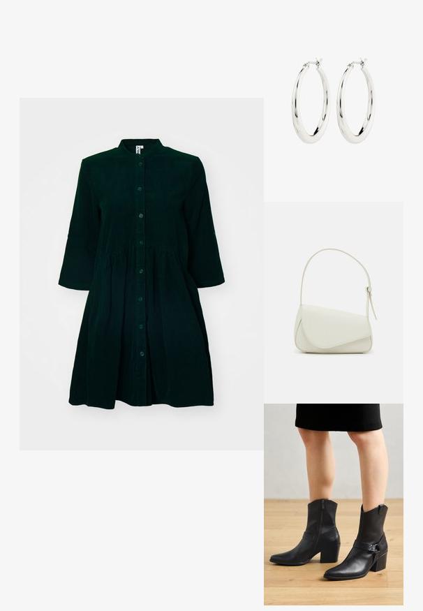 Vestido de pana verde oscuro con un frente abotonado, cuello mao, mangas a tres cuartos y cintura fruncida para mayor detalle.; Botines de cuero negro con punta afilada, cierre de cremallera, tacón curvado y una correa decorativa con detalles metálicos.; Bolso de mano de imitación cuero blanco con una forma triangular estructurada, correa ajustable única y cierre con solapa acentuada en curva.; Pendientes de aro de plata con un acabado suave y brillante. Forma circular, con un cierre seguro. Diseño sencillo y elegante.