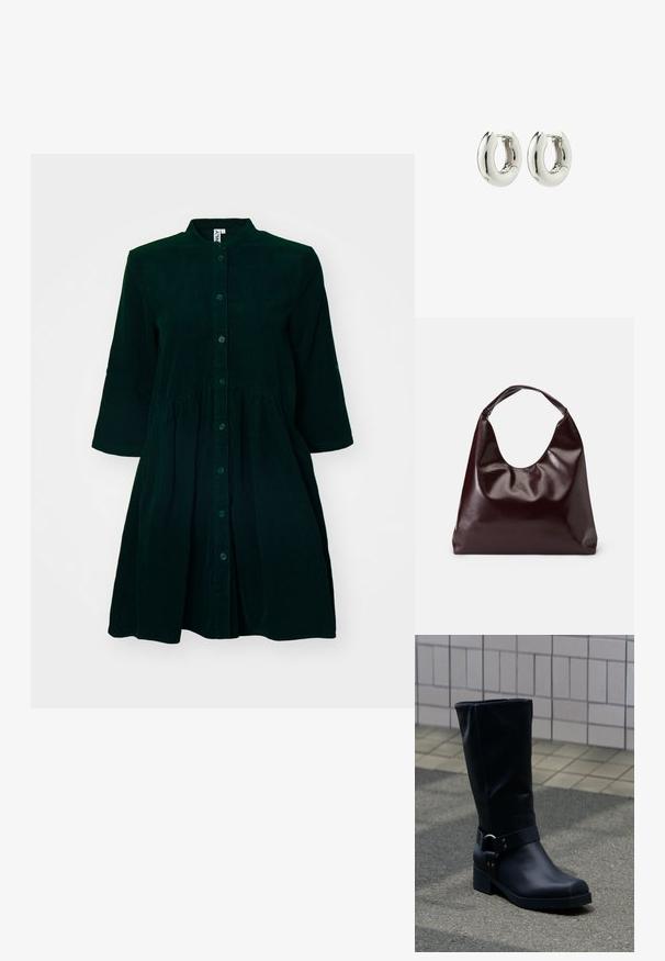 Donkergroene corduroy jurk met een knoopsluiting aan de voorkant, een mandarinkraag, driekwartmouwen en een geplooide taille voor extra detail.; Zwarte leren kuitlaars met een lage blokhak en een decoratieve riem met metalen gesp rond de enkel, op een betegeld trottoir.; Bordeaux, glanzende vegan leren totebag met een zachte, sculpturale vorm en een brede, gebogen handgreep voor makkelijk dragen.; Zilveren creolen met een glad, afgerond ontwerp en een glanzende afwerking. Voorzien van een eenvoudige scharnier sluiting voor gemakkelijk dragen.