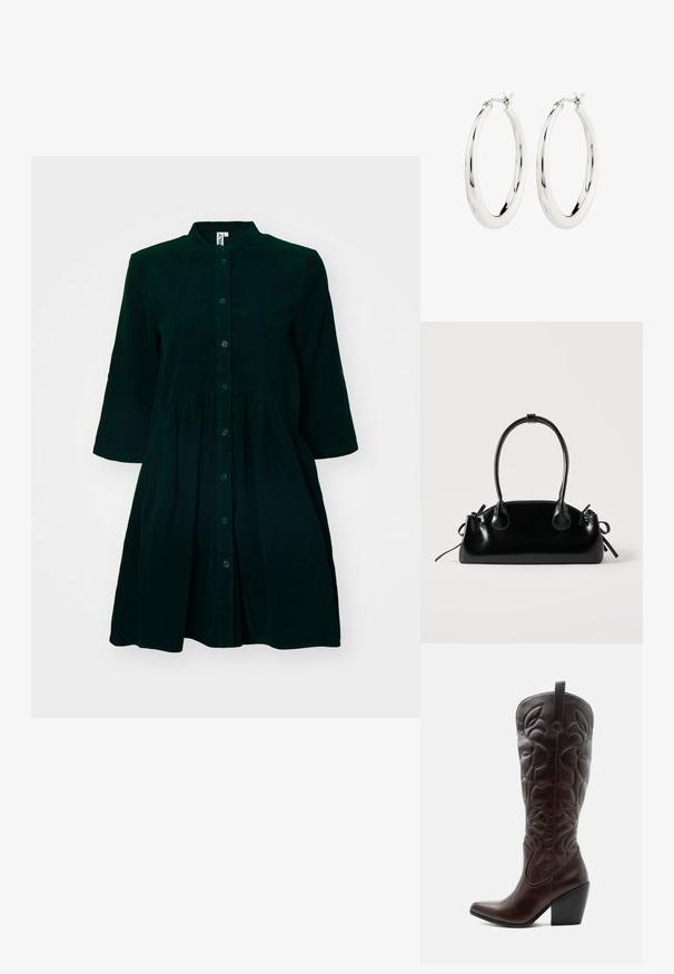 Vestido de pana verde oscuro con un frente abotonado, cuello mao, mangas a tres cuartos y cintura fruncida para mayor detalle.; Bota vaquera alta de cuero marrón oscuro con patrones decorativos cosidos, punta puntiaguda y tacón de bloque apilado.; Pequeño bolso negro brillante con dos asas largas y detalles de cordón lateral sobre un fondo claro liso.; Pendientes de aro de plata con un acabado suave y brillante. Forma circular, con un cierre seguro. Diseño sencillo y elegante.