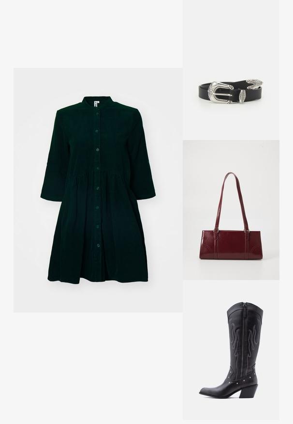 Vestido de pana verde oscuro con un frente abotonado, cuello mao, mangas a tres cuartos y cintura fruncida para mayor detalle.; Botas vaqueras de cuero negro con puntera puntiaguda, costuras visibles, detalles de tachuelas plateadas y cierre de cremallera en el lado interior.; Bolso burdeos hecho de material brillante, de forma rectangular, con dos asas para el hombro y sutiles acentos curvados en la parte frontal.; Cinturón de cuero negro con una gran hebilla de metal plata que presenta un detallado intrincado y acentos decorativos en ambos extremos.