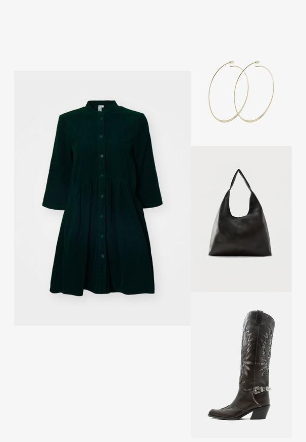 Vestido de pana verde oscuro con un frente abotonado, cuello mao, mangas a tres cuartos y cintura fruncida para mayor detalle.; Bota cowboy de cuero negro con recortes decorativos, hebilla plateada y tacón inclinado, presentada sobre fondo blanco.; Bolso de hombro de cuero negro liso con una correa ancha y única y un diseño desenfadado y minimalista sobre un fondo sencillo.; Pilgrim Pendientes - gold-coloured