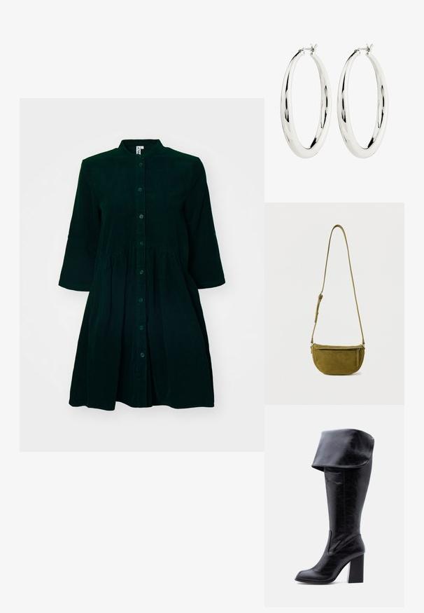 Vestido de pana verde oscuro con un frente abotonado, cuello mao, mangas a tres cuartos y cintura fruncida para mayor detalle.; Bota alta negra de cuero con tacón, puño doblado y punta redonda, de pie sobre un fondo blanco.; Bolso bandolera de ante verde oliva con correa ajustable y bolsillo frontal con cremallera sobre fondo blanco liso.; Pendientes de aro de plata con una superficie lisa y reflectante. Forma redonda y grande con un cierre seguro en la parte superior. El acabado pulido resalta el brillo.