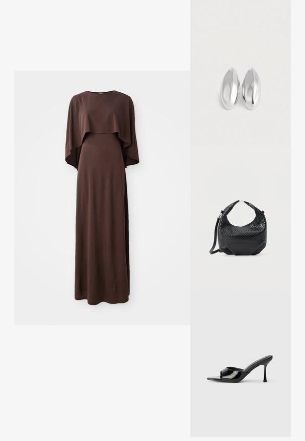 Vestido largo marrón con escote barco y amplias mangas tipo capa. Hecho de una tela suave con una textura lisa, presenta una silueta ajustada.; Mules de charol negro con punta abierta, una tira estrecha y tacón stilettos. Textura suave y diseño minimalista con suela plana.; Bolso de mano de cuero negro trenzado con asa corta y correa de hombro desmontable, exhibido sobre un fondo claro y liso.; Par de objetos ovalados de plata, lisos y brillantes, colocados uno al lado del otro sobre un fondo blanco puro.