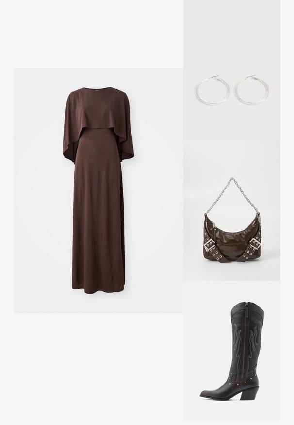 Robe maxi brune avec un décolleté bateau et de larges manches cape. Fabriquée en tissu doux avec une texture lisse, présentant une silhouette ajustée.; Bottes de cowboy en cuir marron avec surpiqûres en forme de flammes, fermeture éclair latérale, clous argentés, bout pointu et talon superposé.; Sac à main en cuir verni marron foncé avec une bandoulière en chaîne argentée, des ceintures décoratives à double boucle et une fermeture éclair.; Paire de boucles d'oreilles créoles argentées brillantes avec fermoirs en fil fin, présentée sur un fond gris clair.