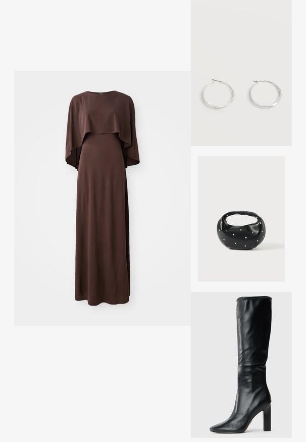 Vestido largo marrón con escote barco y amplias mangas tipo capa. Hecho de una tela suave con una textura lisa, presenta una silueta ajustada.; Botas de cuero negras hasta la rodilla con un diseño elegante, punta afilada y tacón cuadrado alto, que presentan una textura suave y un borde superior cosido.; Bolso de mano de cuero negro con forma redondeada, decorado con detalles de tachuelas plateadas y un asa corta. Textura lisa y cierre con cremallera.; Pendientes de aro de metal plateado con superficie lisa y ligeramente curvada y cierre de tipo mosquetón sobre un fondo blanco liso.