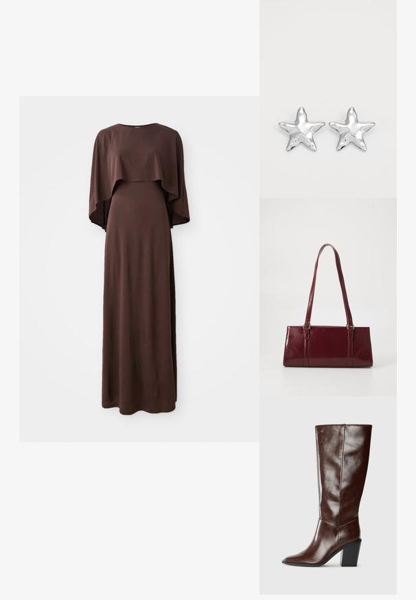 Vestido largo marrón con escote barco y amplias mangas tipo capa. Hecho de una tela suave con una textura lisa, presenta una silueta ajustada.; Bota alta de cuero marrón oscuro con punta afilada y tacón bloque apilado, mostrada de lado sobre un fondo liso.; Bolso burdeos hecho de material brillante, de forma rectangular, con dos asas para el hombro y sutiles acentos curvados en la parte frontal.; Pendientes en forma de estrella plateada con una superficie pulida y brillante. Cada pendiente presenta cinco puntas y sutiles detalles de textura en la superficie.