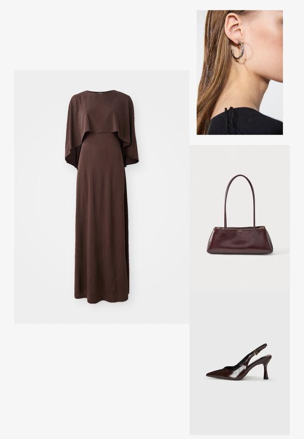 Vestido largo marrón con escote barco y amplias mangas tipo capa. Hecho de una tela suave con una textura lisa, presenta una silueta ajustada.; Zapatos de tacón slingback de charol marrón con punta afilada, tacón delgado y correa ajustable con una pequeña hebilla.; Bolso de mano rectangular de cuero marrón oscuro con correas largas y delgadas y cierre dorado, con la marca ALDO en el centro frontal.; Pendiente de aro de plata con un acabado pulido, que presenta pequeños detalles en dorado y una forma redonda, llevado en el lóbulo.