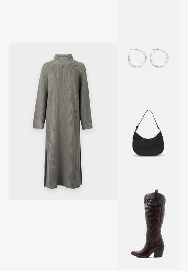 Robe en tricot grise avec un col haut, des manches longues, des poignets côtelés et des fentes latérales pour un meilleur confort de mouvement. Le tissu texturé ajoute de la profondeur.; Botte de cowboy haute en cuir marron foncé avec motifs décoratifs cousus, bout pointu et talon bloc empilé.; Sac hobo noir en cuir lisse avec une silhouette arrondie, doté d'une seule sangle ajustable et de détails de design minimalistes.; Les boucles d'oreilles en argent en forme de créole présentent un design lisse et arrondi avec un profil fin et un fermoir sécurisé. Style minimaliste avec une finition polie.