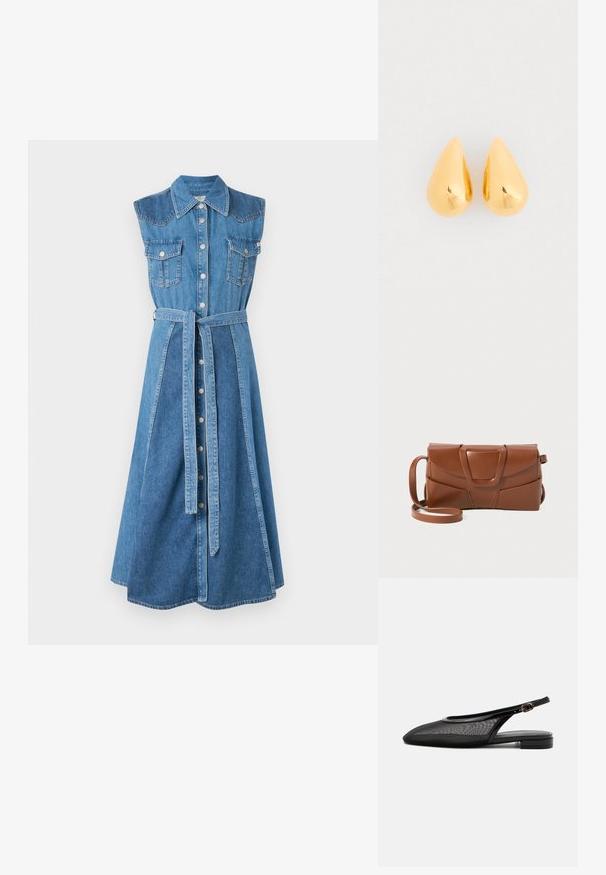 Denim jurk met een kraag, mouwloos ontwerp, twee borstzakken, een ceintuur in de taille en een mid-length, uitlopende zoom. Lichtblauwe kleur.; Zwarte slingback platte schoen met puntige neus, mesh bovenwerk, verstelbare gespsluiting en lage gestapelde hak op witte achtergrond.; Bruine leren handtas met een strak ontwerp, voorzien van een gestructureerde flap, een opvallende sluiting en een verstelbare schouderband voor veelzijdigheid.; Gouden druppelvormige oorbellen met een gladde, gepolijste oppervlakte en ronde onderkanten, die het licht weerkaatsen met een glanzende afwerking.