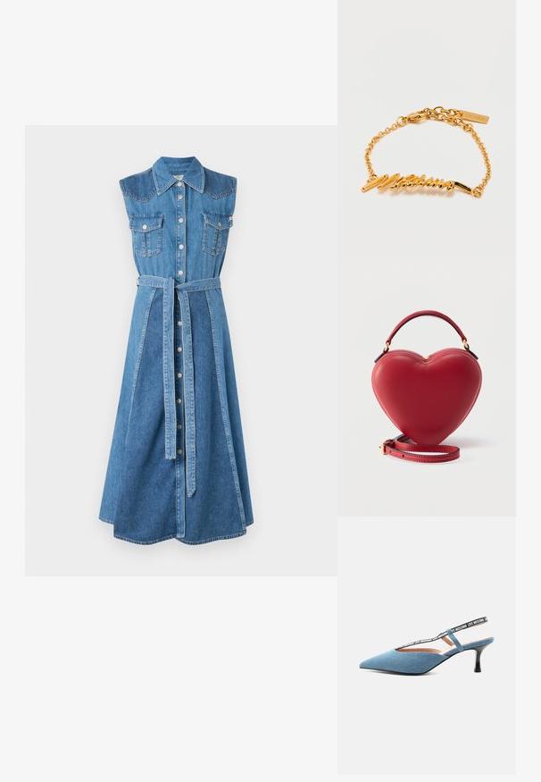 Denim-paita mekko, jossa on kauluksellinen kaula, hihaton malli, kaksi rintataskua, vyötärölle sidottu vyö ja keskipitkä, levenevä helma. Vaaleansininen väri.; Sininen piikkikärkinen slingback-matalakorkoinen kenkä, jossa musta remmi ja valkoinen "Love Moschino" -teksti vaalealla taustalla.; Punainen nahkainen käsilaukku, joka on sydämen muotoinen, varustettu päällikahvalla ja irrotettavalla olkahihnalla yksivärisellä taustalla.; Kultainen ketjurannekoru, jossa on kursiivilla kirjoitettu "Moschino"-nimilaatta ja pieni suorakaiteen muotoinen tunniste säädettävässä lukossa.