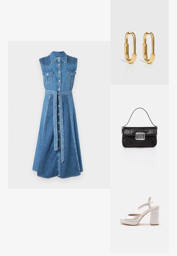 Denim-paita mekko, jossa on kauluksellinen kaula, hihaton malli, kaksi rintataskua, vyötärölle sidottu vyö ja keskipitkä, levenevä helma. Vaaleansininen väri.; Valkoinen korkokengän sandaali leveällä korolla, korokepohjalla, avoimella varvasosalla ja nilkkaremillä, jossa solkilukko, nähtynä sivulta.; Musta paljetti käsilaukku, jossa on suorakulmainen akryyli kiinnitys ja yksi kahva. Sen pinta on sileä ja sen muoto on kompakti suorakulmainen.; Kultaiset metalliset rengaskorvakorut, joiden muoto on pitkäelliptinen ja jotka ovat sileäpintaisia ja kiillotettuja. Ne sisältävät pienen sarannan kiinnittämistä varten.