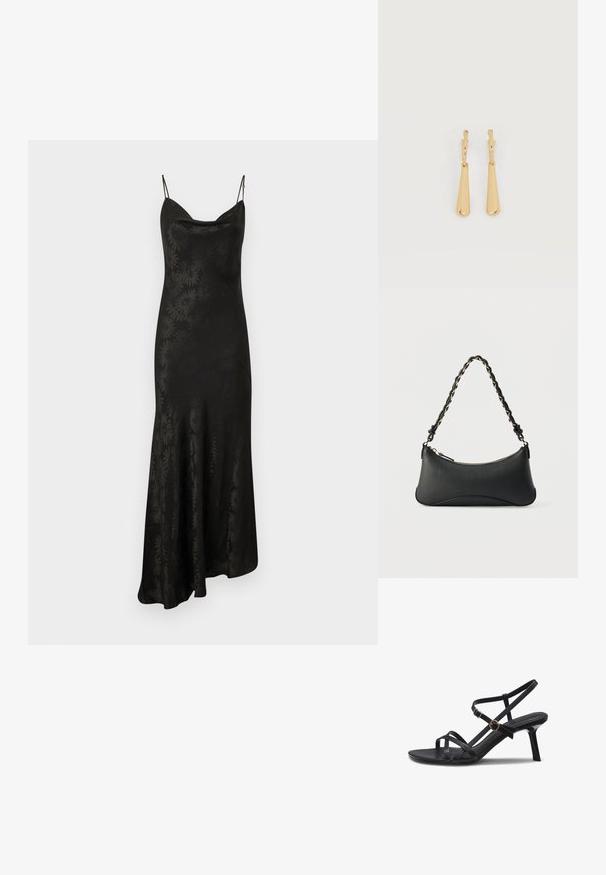 Schwarzes Satin-Maxikleid mit verstellbaren dünnen Trägern, Samtkragen und floralem Texturmuster, das sich über den gesamten Stoff zieht. A-Linien-Silhouette.; Schwarze Riemchensandale aus Leder mit zwei goldenen Schnallen und einem mittelhohen Stiletto-Absatz vor weißem Hintergrund.; Schwarze Lederschultertasche mit gewölbter rechteckiger Form, goldener Kette, die in den geflochtenen schwarzen Riemen eingewebt ist, und Reißverschlussverschluss oben.; Ohrhänger in Gold-Ton mit glatten, länglichen Tropfenanhängern, die an kleinen Creolenverschlüssen hängen, auf weißem Hintergrund.