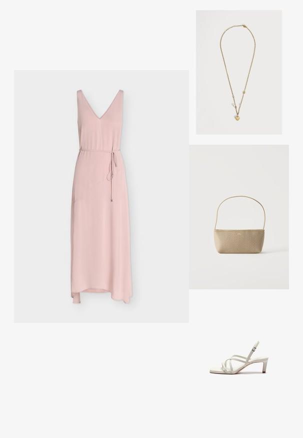 Robe midi rose blush sans manches avec encolure en V et fine ceinture nouée à la taille, avec un ourlet légèrement asymétrique.; Zign by Zalando Escarpins - off white; Sac à main tissé beige avec fine bandoulière et petit logo doré "BOSS" à l'avant, présenté sur fond blanc uni.; Collier délicat en chaîne d’or avec un petit pendentif en forme de cœur, une perle et de minuscules éléments décoratifs sur fond blanc.