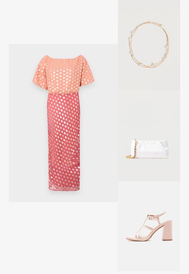 Largo vestido con un corpiño rosa con un patrón floral metálico, mangas cortas y anchas, y una falda fluida con un patrón plateado similar.; Sandalia de tacón alto rosa con tacón ancho, correa en el tobillo, cierre de hebilla y múltiples tiras delgadas sobre el pie.; Bolso de mano suave blanco con correa de cadena dorada adornada con piedras preciosas transparentes, sobre un fondo liso de color gris claro.; Delicado collar de cadena dorada de doble capa con pequeñas perlas blancas espaciadas uniformemente sobre un fondo claro y liso.