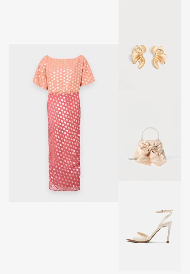 Lang kleed met een roze lijfje met een metallic bloemenpatroon, korte wijde mouwen en een vloeiende rok met een vergelijkbaar zilveren patroon.; Beige sandaal met hoge hak, dunne enkelband met gouden gesp, open teen en slanke naaldhak op een witte achtergrond.; Beige satijnen handtas met grote bijpassende decoratieve strik, parelmoeren handvat en zilveren kettingriem op witte achtergrond.; Paar abstract gevormde glanzende gouden metalen oorbellen met een gebogen, geplooid ontwerp op een lichtgrijze achtergrond.