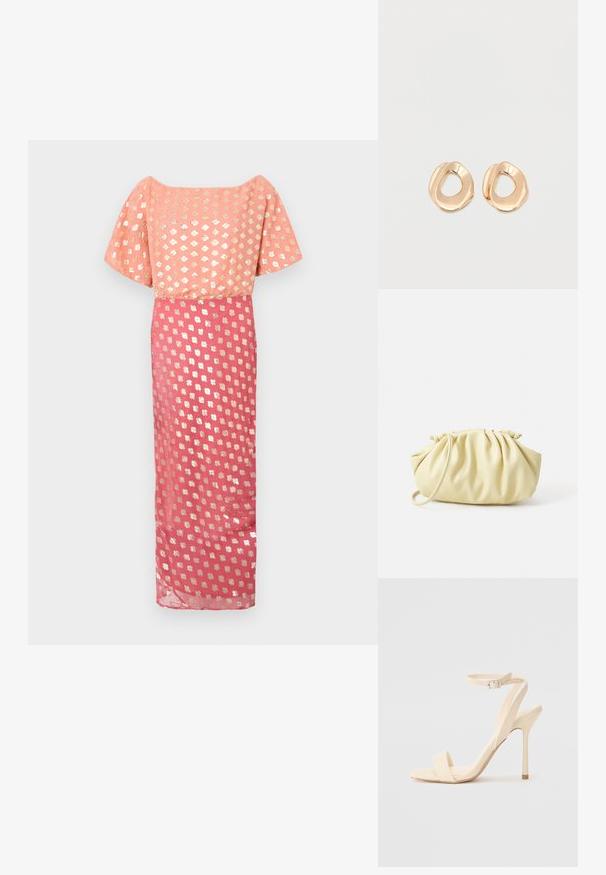 Largo vestido con un corpiño rosa con un patrón floral metálico, mangas cortas y anchas, y una falda fluida con un patrón plateado similar.; Sandalia de tacón alto beige con una delgada correa en el tobillo y puntera cuadrada. Material sintético suave, diseño minimalista y tacón de aguja.; Bolso amarillo plisado hecho de cuero sintético suave, con una forma blanda y una sola correa para el hombro, además de un diseño de parte superior recogida.; Par de pendientes de aro de metal en tono dorado pulido, de forma irregular y con centro abierto, sobre un fondo blanco liso.