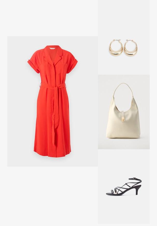 Vestido rojo con cuello, mangas cortas enrolladas, cinturón y dos bolsillos frontales. Tejido suave con un corte relajado y largo hasta la midi.; Sandalia negra de mujer con tiras, tacón bajo tipo 'kitten' y hebilla en el tobillo sobre un fondo liso y claro.; Bolso hobo de cuero color crema con una sola correa para el hombro, textura suave y detalle de cierre metálico dorado en el frente.; Pendientes de aro en tono dorado con forma de media luna, superficie pulida y cierre tipo bisagra. La textura suave y el acabado reflectante mejoran la visibilidad.