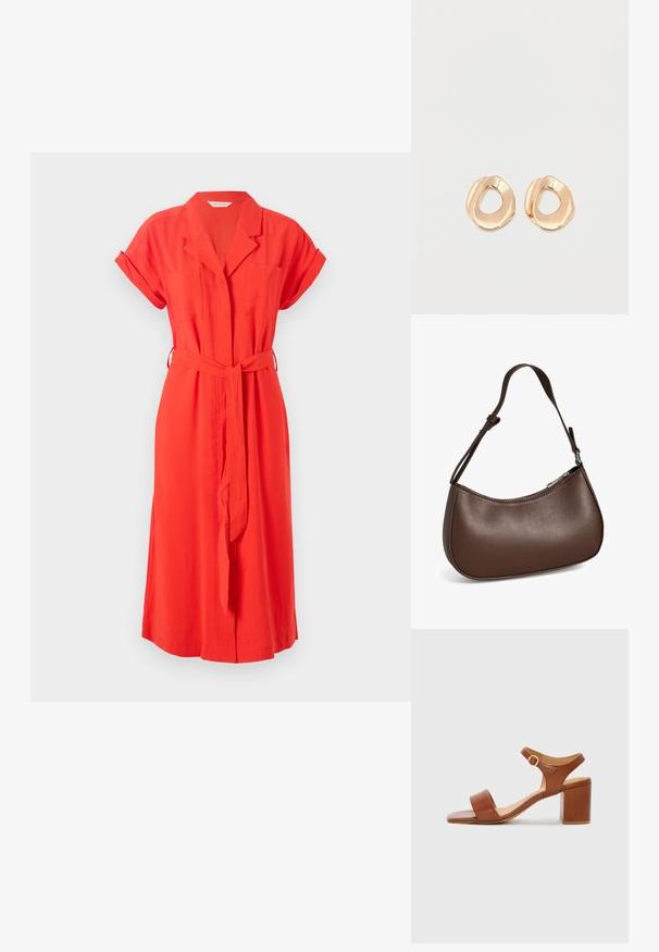 Vestido rojo con cuello, mangas cortas enrolladas, cinturón y dos bolsillos frontales. Tejido suave con un corte relajado y largo hasta la midi.; Sandalia de tacón de cuero marrón con punta cuadrada, correa ajustable en el tobillo y tacón de bloque. Textura suave y diseño minimalista.; Pequeño bolso bandolera de cuero marrón con correa ajustable y cierre de cremallera, mostrado sobre un fondo blanco. Sin logotipos ni adornos visibles.; Par de pendientes de aro de metal en tono dorado pulido, de forma irregular y con centro abierto, sobre un fondo blanco liso.