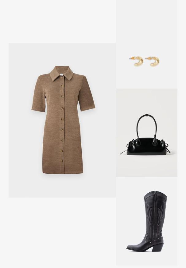 Robe en maille marron avec un col à revers, des manches courtes et une fermeture boutonnée sur le devant. Tissu texturé avec une silhouette ajustée.; Bottes de cow-boy en cuir noir avec bout pointu, coutures apparentes, ornements à clous argentés et fermeture éclair sur le côté intérieur.; Petit sac à main noir brillant avec deux longues anses et des détails à cordon sur les côtés sur un fond clair uni.; Boucles d'oreilles en forme de croissant en or avec une finition lisse, présentant des accents orange près du clou et un matériel en argent.