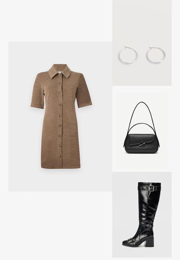 Robe en maille marron avec un col à revers, des manches courtes et une fermeture boutonnée sur le devant. Tissu texturé avec une silhouette ajustée.; Botte en cuir noir, arrivant au genou, avec une finition brillante. Elle dispose de boucles et de sangles en argent, d'un bout pointu et d'un talon épais et texturé.; Sac à main en cuir noir avec bords arrondis, rabat asymétrique, fermoir circulaire en métal, et des bandoulières courtes et longues.; Boucles d’oreilles créoles en métal argenté avec une surface lisse légèrement incurvée et des fermoirs à clapet sur un fond blanc uni.