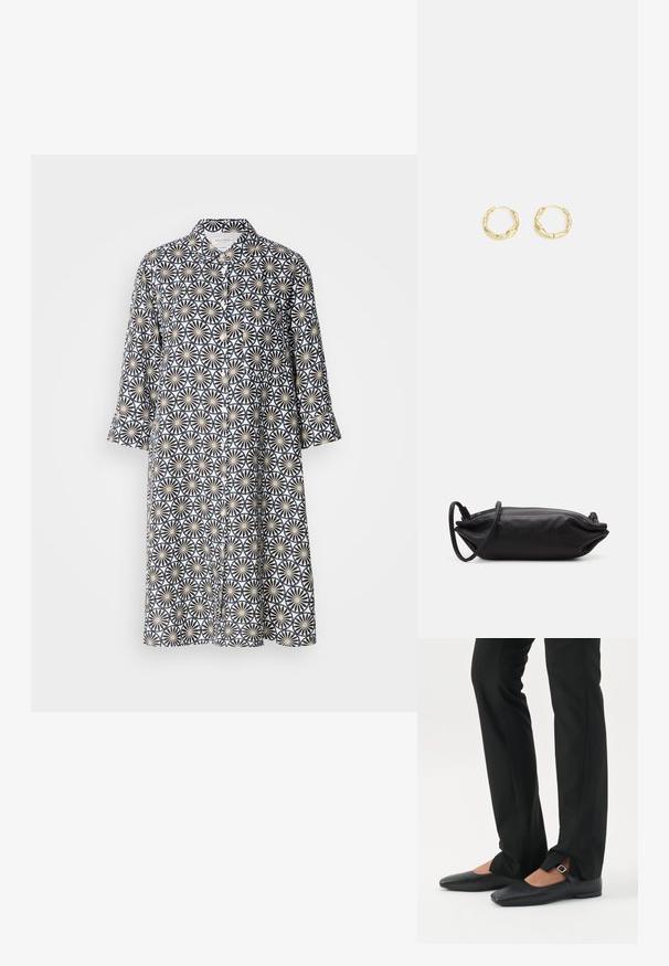 Knopfkleid in Marineblau mit einem floralen geometrischen Muster auf hellem Hintergrund. Lange Ärmel, knielang, mit Kragen und frontaler Tasche.; Beine in schwarzen schmalen Hosen mit vorderen Schlitzen am Saum, kombiniert mit schwarzen flachen Mary-Jane-Schuhen mit kleinem Schnallenriemen.; Schwarze Leder-Clutch mit rechteckiger Form, glatter Textur, dünnem Schulterriemen und minimalistischer Gestaltung.; Goldene Creolen mit einer strukturierten, unregelmäßigen Oberfläche. Sie verfügen über ein leichtes Design und eine runde Form, die sich für den täglichen Gebrauch eignet.
