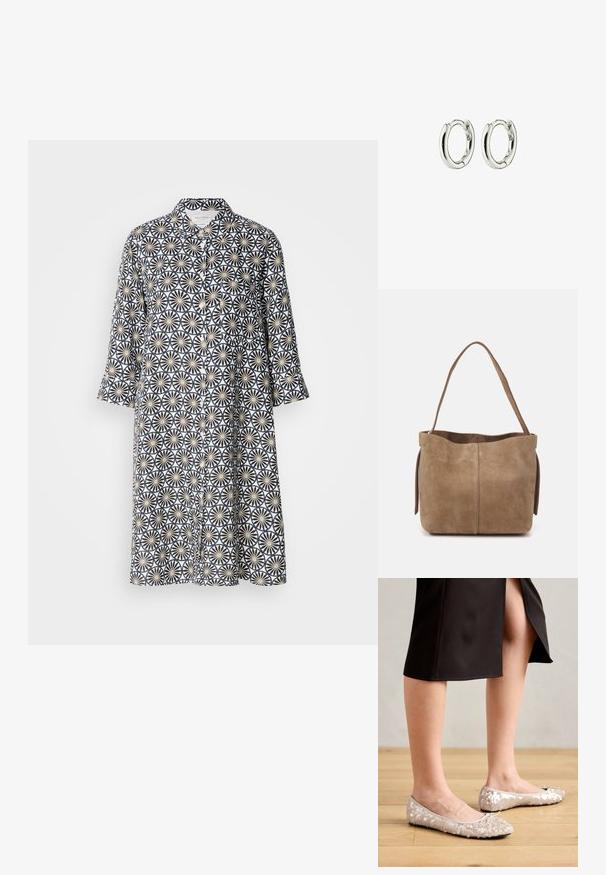 Knapp-up kjole i navy, med et blomster geometrisk mønster på en lys baggrund. Lange ærmer, knælang, med krave og frontlomme.; Beige stæl ballet flats med en rund tå, der har en bueaccent, parret med en sort nederdel, vist på et trægulv.; Brun ruskinds tote taske med en blød overflade, åben top og en enkelt skulderrem. Har en glat finish og minimal detaljer.; Sølv hoops øreringe med en glat, shiny finish. Rundet form med en sikker lukning. Minimalistisk design med en subtil twist-detalje.