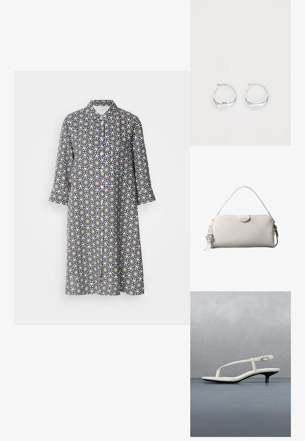 Knopfkleid in Marineblau mit einem floralen geometrischen Muster auf hellem Hintergrund. Lange Ärmel, knielang, mit Kragen und frontaler Tasche.; Weiße Riemchenpantolette mit kitten heel und spitz zulaufender Zehenpartie, schwebt über einem Holzkachelboden im Freien mit verschwommenem Pflanzen- und Wandhintergrund.; Weiße rechteckige Calvin Klein Handtasche mit einem einzelnen Henkel, minimalistischem Design und dekorativen Quasten mit geometrischem Metallanhänger an der Seite.; Silberne Creolen mit glänzender Oberfläche und DKNY-Logo, vor einem schlichten weißen Hintergrund präsentiert.