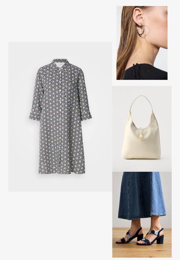 Vestido de botones en tono navy, con un patrón geométrico floral sobre un fondo claro. Mangas largas, hasta las rodillas, con cuello y un bolsillo en la parte delantera.; Marco Tozzi Sandalias - navy; Bolso hobo de cuero color crema con una sola correa para el hombro, textura suave y detalle de cierre metálico dorado en el frente.; Pendiente de aro de plata con un acabado pulido, que presenta pequeños detalles en dorado y una forma redonda, llevado en el lóbulo.