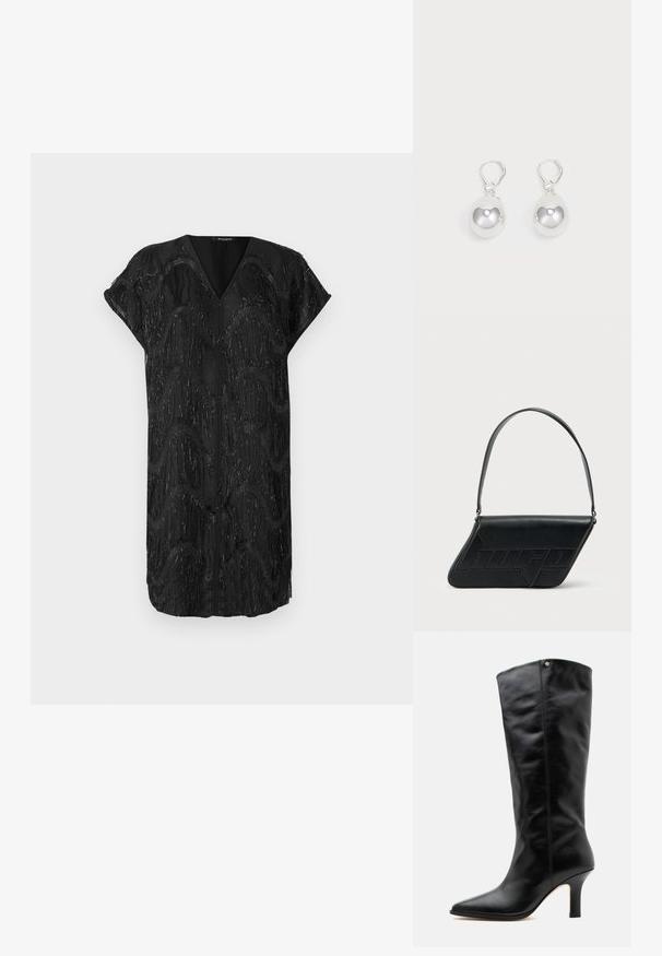 Robe noire avec un décolleté en V et des manches courtes, présentant un design texturé de franges verticales miroitantes dans des motifs ondulés.; Botte en cuir noire mi-mollet avec bout pointu et talon moyen fin, avec un petit logo métallique près du bord supérieur.; Sac d'épaule en cuir noir de forme triangulaire, avec un logo embossé et une seule bandoulière réglable. Design minimaliste avec une texture lisse.; Boucles d'oreilles en argent en forme de goutte avec des surfaces lisses, rondes et réfléchissantes, suspendues à des fermoirs à ressort. L'arrière-plan est blanc uni.