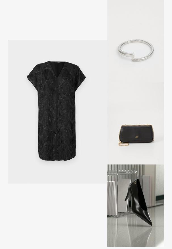 Robe noire avec un décolleté en V et des manches courtes, présentant un design texturé de franges verticales miroitantes dans des motifs ondulés.; Chaussure noire à talon haut avec bout pointu et logo doré, posée sur une surface réfléchissante près d'un organiseur de dossiers en fil chromé contenant des documents.; Pochette en cuir noir avec une texture lisse, de forme rectangulaire, dotée d'une bandoulière en chaîne dorée et d'un logo embossé sur le devant.; Calvin Klein SPIRAL - Bracelet - silver-coloured