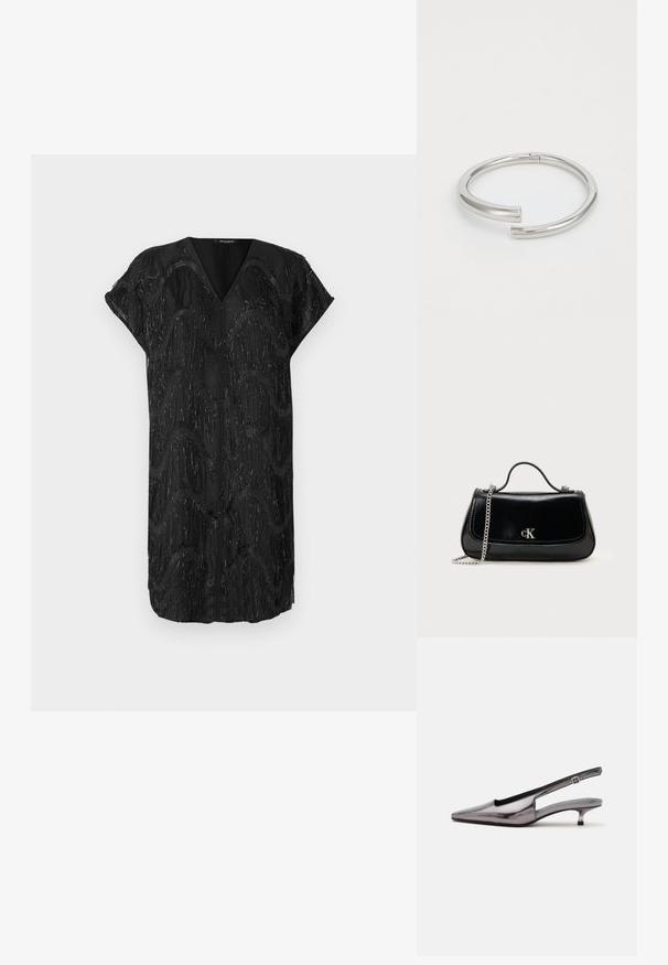 Robe noire avec un décolleté en V et des manches courtes, présentant un design texturé de franges verticales miroitantes dans des motifs ondulés.; Chaussure slingback gris métallique à bout pointu, petit talon kitten et bride réglable sur fond blanc.; Sac à main en cuir noir avec une chaîne en bandoulière, forme structurée et accent logo argenté. Texture lisse avec un rabat.; Calvin Klein SPIRAL - Bracelet - silver-coloured