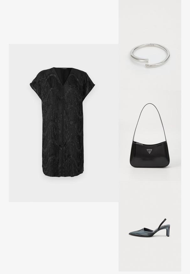 Robe noire avec un décolleté en V et des manches courtes, présentant un design texturé de franges verticales miroitantes dans des motifs ondulés.; Escarpin noir à bride arrière avec un bout pointu, une finition satinée élégante et un talon fin de 7,5 cm. Design latéral ouvert avec des détails de couture minimalistes.; Sac à épaule en cuir verni noir avec une forme incurvée, présentant un logo triangle en argent et une fermeture éclair. Texture lisse et bandoulière fine.; Calvin Klein SPIRAL - Bracelet - silver-coloured