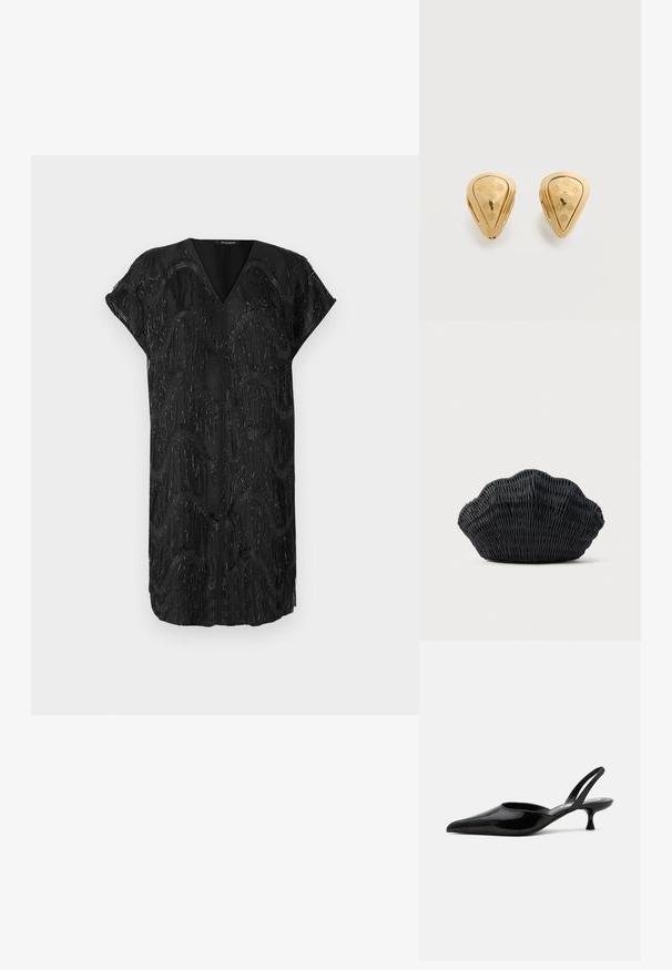 Robe noire avec un décolleté en V et des manches courtes, présentant un design texturé de franges verticales miroitantes dans des motifs ondulés.; Chaussure slingback à talon kitten en cuir verni noir avec bout pointu et talon bas incurvé sur fond clair uni.; Sac à main en osier noir en forme de coquille Saint-Jacques avec un dessus courbé et une texture tressée sur un fond uni.; Paire de boucles d'oreilles en forme de goutte d'eau dorées, ornées de motifs gravés floraux et géométriques sur un fond uni.