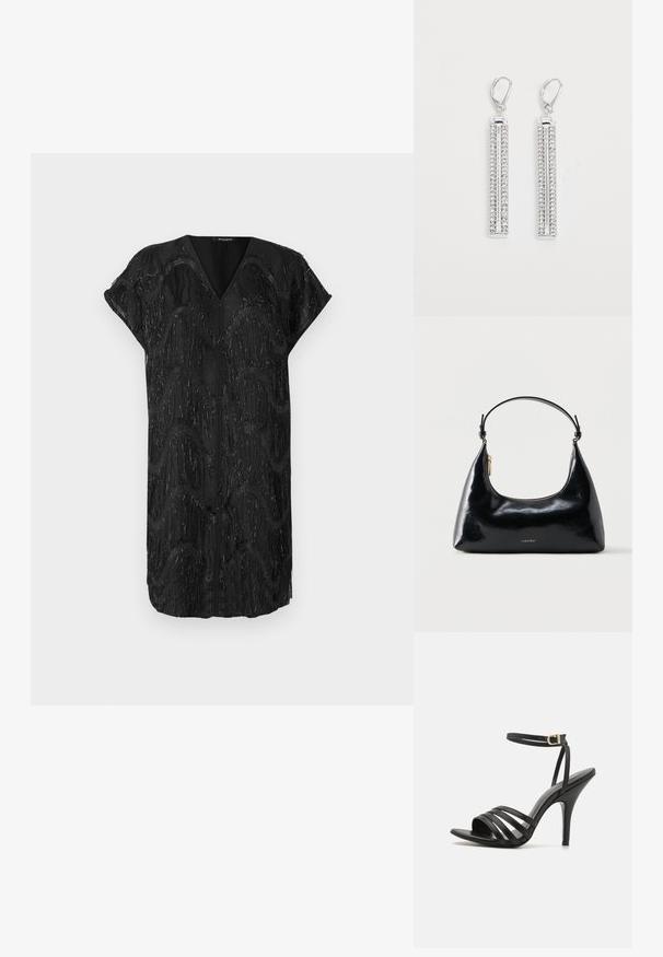 Sort kjole med V-udskæring og korte ærmer, der har et tekstureret design af glitrende lodrette frynser i bølgende mønstre.; Sort stiletto sandal med remme, en slank ankelrem, åben tå og en glat finish. Har en slank hæl og et tekstureret remdesign.; Sort blank Calvin Klein håndtaske med gyldent lynlås og kort rem mod en ensfarvet hvid baggrund.; Sølv øreringe med to forlængede stænger, hver sat med små, klare rhinsten i et lineært mønster. Lever-back lukning.