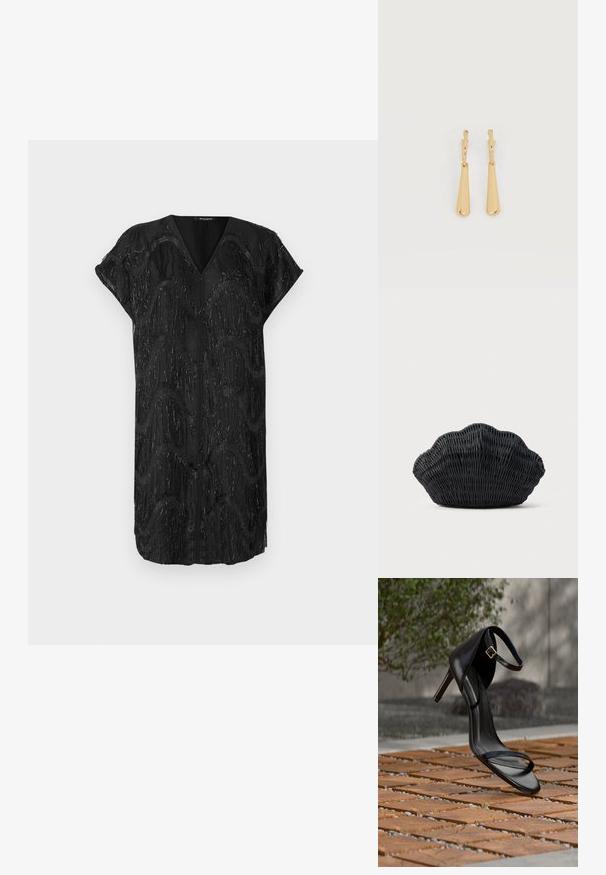 Robe noire avec un décolleté en V et des manches courtes, présentant un design texturé de franges verticales miroitantes dans des motifs ondulés.; Sandale noire à talon haut avec sangle à la cheville, suspendue au-dessus d'un sol en carreaux de bois à l'extérieur, avec un arrière-plan flou de verdure et de pierre.; Sac à main en osier noir en forme de coquille Saint-Jacques avec un dessus courbé et une texture tressée sur un fond uni.; Boucles d'oreilles pendantes en ton or avec des pendentifs lisses en forme de goutte allongée suspendus à de petites attaches en forme d'anneau sur un fond blanc.
