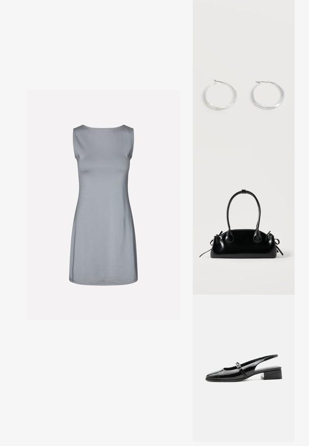 Mouwloze jurk van lichtgrijze stof, met een ronde halslijn en een rechte, A-lijnsilhouet, met een gladde textuur en een minimalistisch ontwerp.; Zwarte lakleren slingback schoen met een lage blokhak en een dunne band met zilveren gesp bovenop.; Kleine zwarte glanzende handtas met twee lange hengsels en zijkant trekkoord details op een effen lichte achtergrond.; Zilverkleurige metalen creolen oorbellen met een glad, licht gebogen oppervlak en sluitingen met haaksluiting op een effen witte achtergrond.