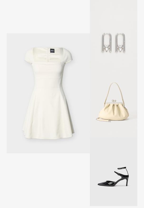 Robe blanche à manches courtes avec encolure carrée, taille cintrée, jupe évasée et fermeture éclair au dos, étiquette BOSS à l'intérieur du col.; Talons en cuir verni noir avec un bout pointu, des sangles de cheville ajustables et un talon fin. Texture lisse avec une finition brillante.; Sac à main en cuir souple couleur crème avec un design froncé, fermoir cadre argenté, poignée courte et bandoulière chaîne amovible.; Boucles d'oreilles en métal argenté présentant une forme en U avec un accent en forme de cœur à la base, une texture lisse et une finition polie.