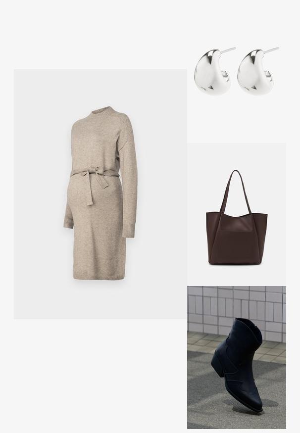 Vestido de maternidad de punto en beige claro con cuello redondo, mangas largas y lazo en la cintura. Presenta puños acanalados y un diseño de longitud media.; Botín de cuero negro con tacón bajo, costuras decorativas y punta afilada, colocado de pie sobre una superficie pavimentada junto a una pared con azulejos.; Bolso tote marrón hecho de material suave, con un gran bolsillo frontal, dos asas y un diseño simplificado y estructurado.; Pendientes de plata en forma de tuerca con un diseño liso y curvado. Cuentan con un acabado pulido y un cierre de presión para un uso seguro.