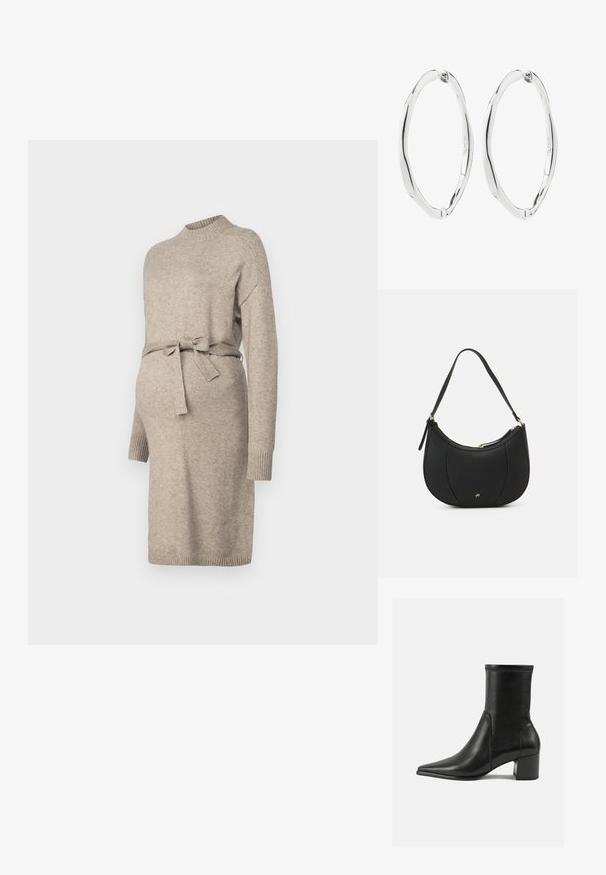 Robe de maternité en tricot couleur beige clair avec un col rond, des manches longues et une ceinture à la taille. Comprend des poignets côtelés et un design mi-long.; Bottine noire en cuir lisse, avec un bout pointu, un talon carré et des coutures surélevées distinctes au bord supérieur.; Sac à main en cuir noir avec une forme courbée, surface texturée, coutures avant et un logo doré. Il est doté d'une seule sangle ajustable.; Paire de boucles d'oreilles ovales torsadées en argent poli avec fermoirs à charnière, présentée sur fond blanc.