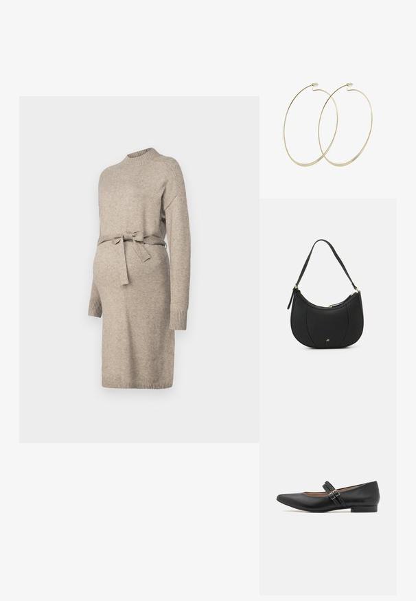 Vestido de maternidad de punto en beige claro con cuello redondo, mangas largas y lazo en la cintura. Presenta puños acanalados y un diseño de longitud media.; Zapato negro de cuero estilo Mary Jane con punta afilada, dos hebillas de correa, tacón bajo y textura suave. Diseñado para una apariencia formal.; Bolso de mano de cuero negro con forma curva, superficie texturizada, costuras frontales y un logo en tono dorado. Cuenta con una sola correa ajustable.; Pilgrim Pendientes - gold-coloured