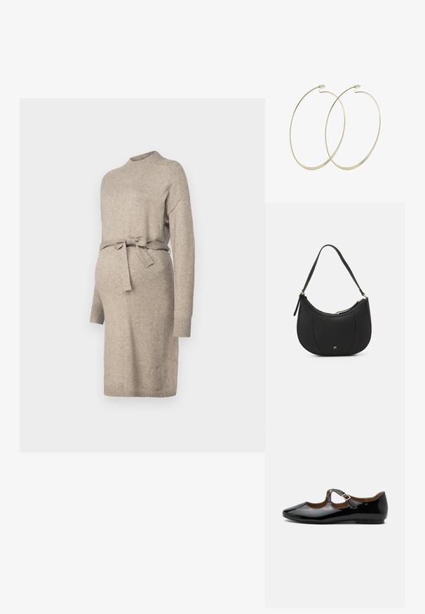 Vestido de maternidad de punto en beige claro con cuello redondo, mangas largas y lazo en la cintura. Presenta puños acanalados y un diseño de longitud media.; Zapato plano Mary Jane de charol negro con dos recortes y una correa con hebilla dorada sobre fondo blanco.; Bolso de mano de cuero negro con forma curva, superficie texturizada, costuras frontales y un logo en tono dorado. Cuenta con una sola correa ajustable.; Pilgrim Pendientes - gold-coloured