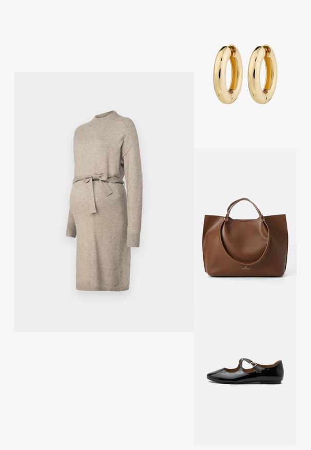 Vestido de maternidad de punto en beige claro con cuello redondo, mangas largas y lazo en la cintura. Presenta puños acanalados y un diseño de longitud media.; Zapato plano Mary Jane de charol negro con dos recortes y una correa con hebilla dorada sobre fondo blanco.; Bolsa tote de cuero marrón con una textura suave, grandes asas circulares, con un diseño minimalista y un logo grabado en la parte inferior.; Pendientes de aro de oro con una superficie suave y pulida y forma redondeada. El borde interior presenta un sutil detalle en forma de hendidura para el cierre.