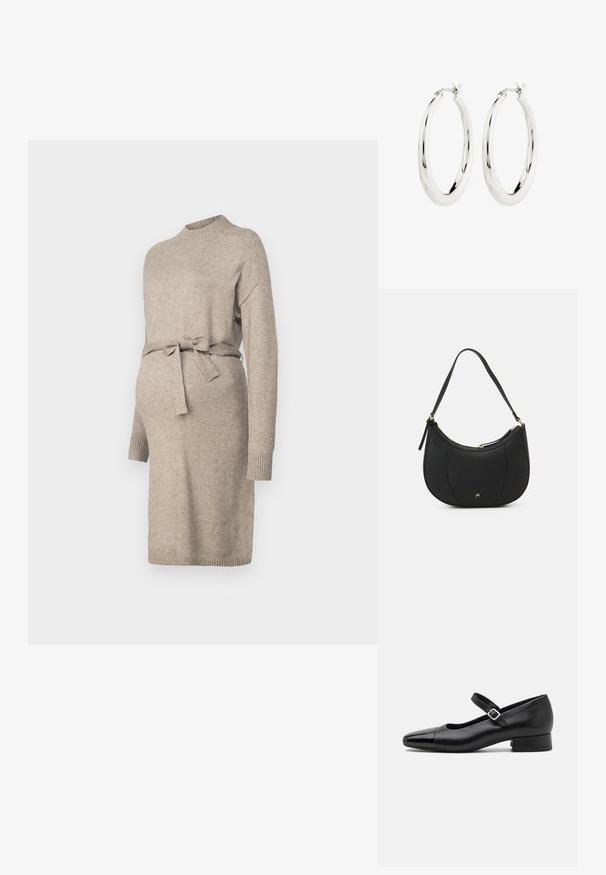 Vestido de maternidad de punto en beige claro con cuello redondo, mangas largas y lazo en la cintura. Presenta puños acanalados y un diseño de longitud media.; Zapatos Mary Jane de cuero negro con puntera de charol, correa de tobillo ajustable y tacón bajo. Textura suave y diseño elegante.; Bolso de mano de cuero negro con forma curva, superficie texturizada, costuras frontales y un logo en tono dorado. Cuenta con una sola correa ajustable.; Pendientes de aro de plata con un acabado suave y brillante. Forma circular, con un cierre seguro. Diseño sencillo y elegante.
