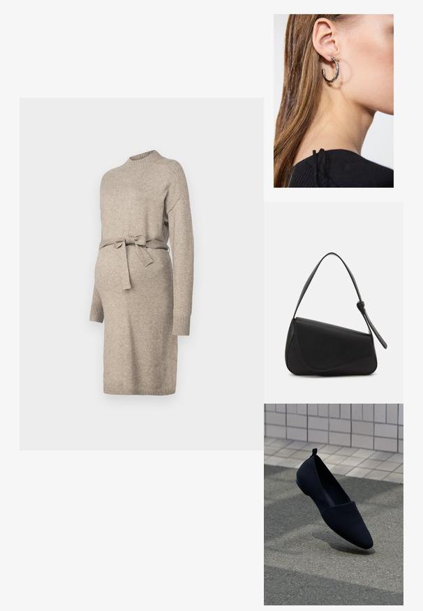 Vestido de maternidad de punto en beige claro con cuello redondo, mangas largas y lazo en la cintura. Presenta puños acanalados y un diseño de longitud media.; Zapato plano negro con punta afilada, textura suave y diseño minimalista. Presenta un pequeño tacón y una pequeña pestaña en la parte posterior.; Bolso de mano de cuero negro con forma triangular, tapa en ángulo y un asa superior redondeada. Presenta una textura suave y detalles de diseño minimalistas.; Pendiente de aro de plata con un acabado pulido, que presenta pequeños detalles en dorado y una forma redonda, llevado en el lóbulo.