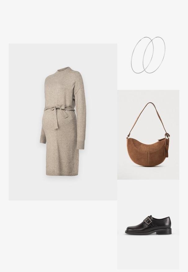 Robe de maternité en tricot couleur beige clair avec un col rond, des manches longues et une ceinture à la taille. Comprend des poignets côtelés et un design mi-long.; Chaussure habillée en cuir noir avec un bout arrondi, détail de boucle de ceinture sur le côté et semelle texturée, posée sur un fond blanc uni.; Sac à main en daim marron de forme courbée en demi-lune. Il est doté d'une bandoulière, d'une petite étiquette et de coutures visibles le long des bords.; Boucles d'oreilles en argent au design minimaliste. Forme circulaire, texture lisse et profil fin. Légères avec une finition polie.