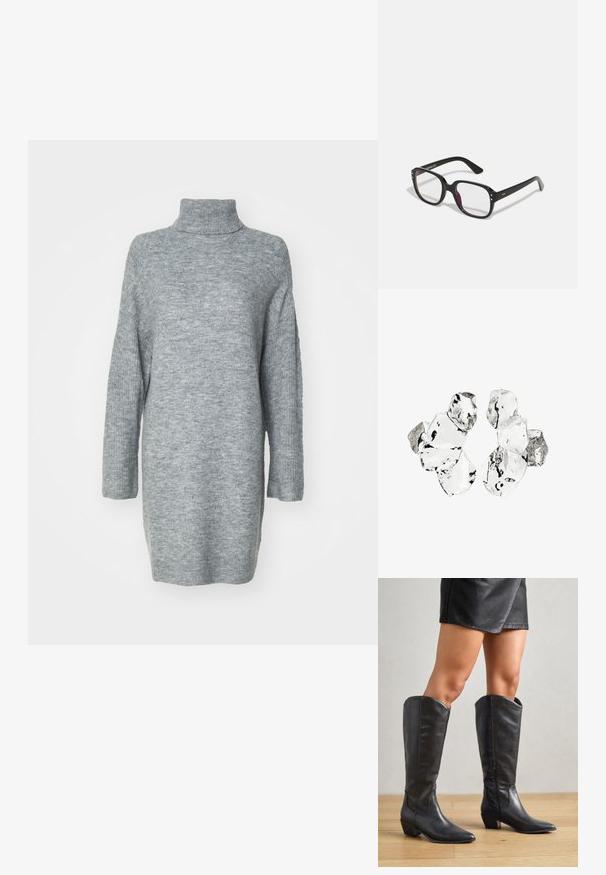 Hellgrauer, langärmeliger Rollkragenpullover aus einem weichen Strickstoff. Verfügt über seitliche Schlitze und eine lockere Passform mit gerippten Bündchen und Kragen.; Schwarze knielange Stiefel aus glattem Leder, mit spitzem Zehenbereich, niedrigem Blockabsatz und seitlichem Reißverschluss für ein einfaches Anziehen.; Schwarze rechteckige Brille mit klaren Gläsern, abgerundeten Kanten und seitlichen Akzenten, mit glänzender Oberfläche des Rahmens und der Bügel.; Cluster von sechs unregelmäßig geformten, transluzenten und reflektierenden glasähnlichen Stücken, angeordnet auf weißem Hintergrund.