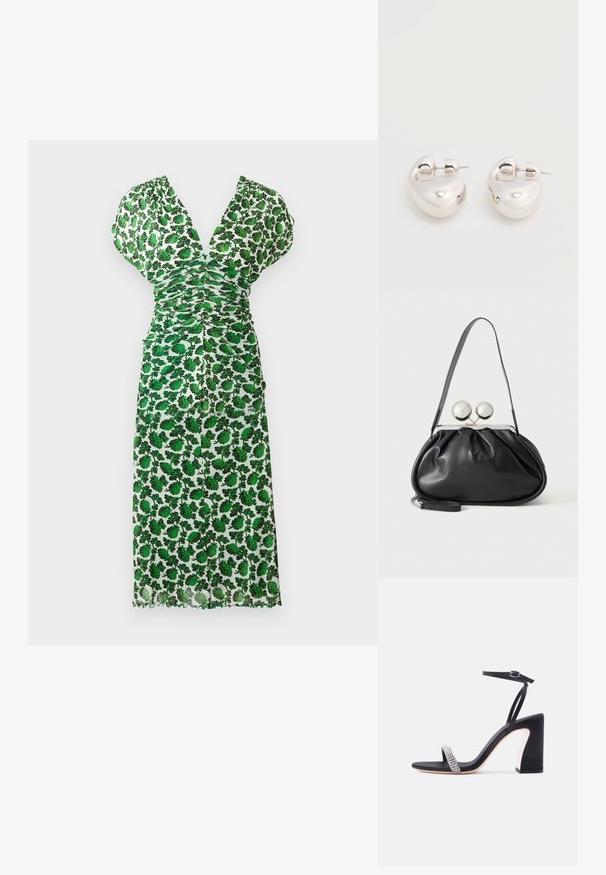 Robe midi fleurie verte avec un décolleté en V profond, design froncé, manches courtes et ourlet festonné. Confectionnée dans un tissu léger avec une texture semi-transparent.; Sandale noire à talon haut avec bride à la cheville et bride ornée de strass étincelants sur fond blanc.; Sac à main en cuir noir avec un design plissé, une sangle unique, un cadre métallique argenté et deux grandes fermoirs ronds en argent.; Paire de boucles d'oreilles argentées brillantes et épaisses avec fermoirs à tige, sur fond blanc uni.