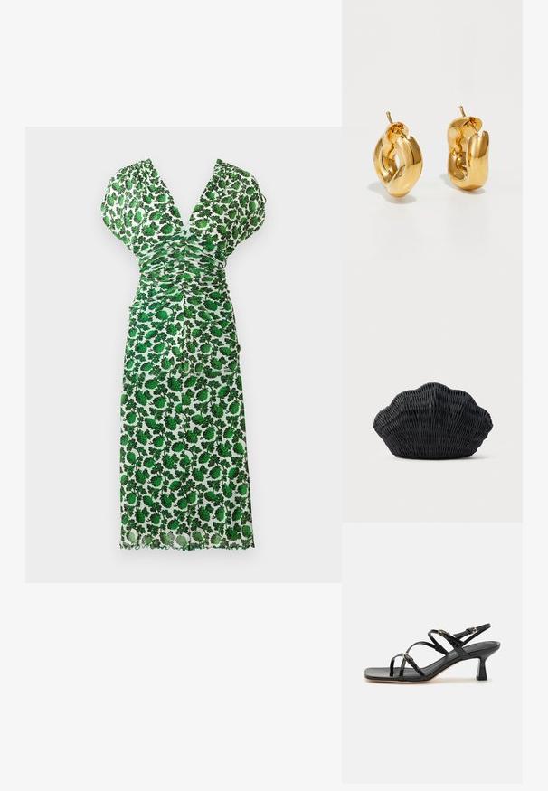 Robe midi fleurie verte avec un décolleté en V profond, design froncé, manches courtes et ourlet festonné. Confectionnée dans un tissu léger avec une texture semi-transparent.; Sandales à strapes en cuir verni noir avec un bout carré et un petit talon carré. Présente des accessoires en métal doré et des brides de cheville réglables.; Sac à main en osier noir en forme de coquille Saint-Jacques avec un dessus courbé et une texture tressée sur un fond uni.; Boucles d'oreilles créoles en or massif avec un design tubulaire légèrement tordu et des fermoirs à tige sur un fond blanc.