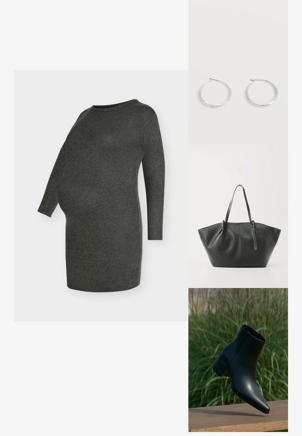 Ένα φόρεμα εγκυμοσύνης από σκούρο γκρι πλεκτό ύφασμα, με λαιμόκοψη στρογγυλή, μακριά μανίκια και χαλαρή εφαρμογή για άνεση, σχεδιασμένο για να ανταποκρίνεται στην ανάπτυξη της κοιλιάς.; Μαύρο δερμάτινο μποτάκι αστραγάλου με χοντρό τακούνι, μυτερή μύτη, εμφανιζόμενο πάνω σε ξύλινη επιφάνεια με πράσινο θολωμένο φόντο χόρτου.; Vero Moda VMDITTA - Τσάντα Tote - black; Ασημένια μεταλλικά σκουλαρίκια κρίκοι με λεία, ελαφρώς κυρτή επιφάνεια και κλειδαριά τύπου latch-back σε απλό λευκό φόντο.